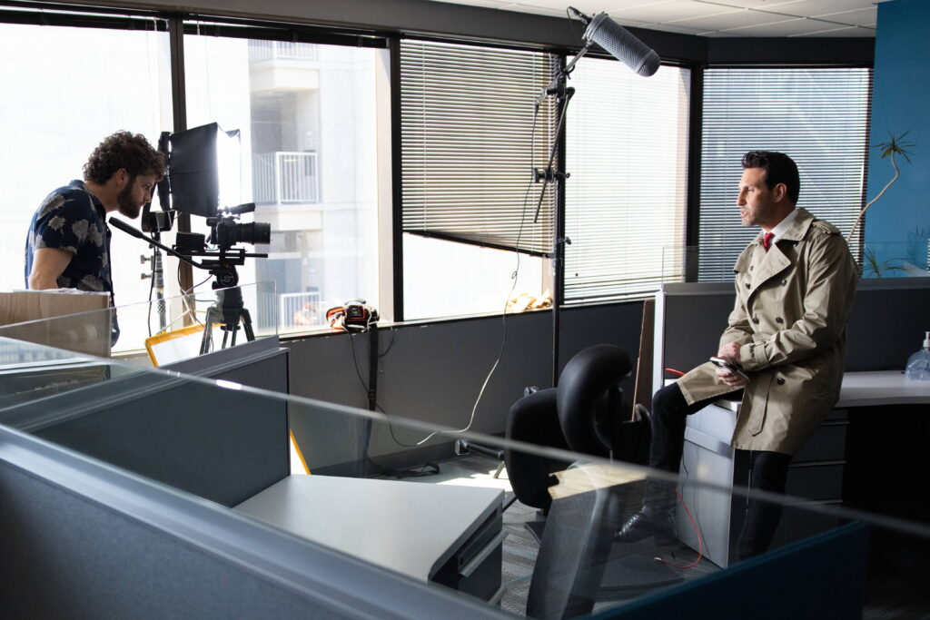 Behind the scenes of a software company video production on location.